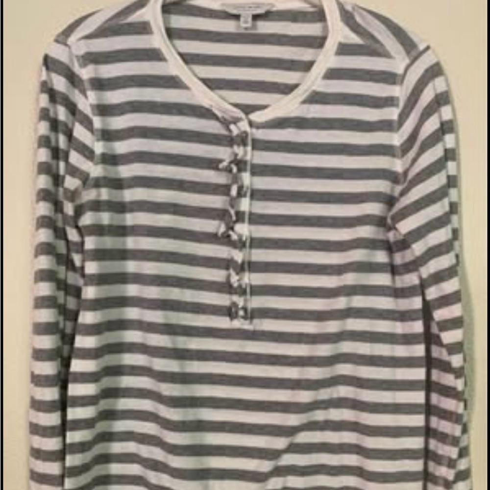 Lucky Brand Ruffle Top White & Grey Striped Size L. Long Sleeve Light Cotton Tee
